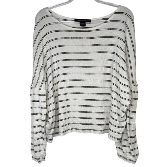 FRENCH CONNECTION Sz L Stripe Crinkle Knit Balloon Sleeve Coastal Minimalist Top - Picture 1 of 9